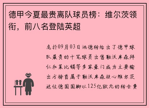 德甲今夏最贵离队球员榜：维尔茨领衔，前八名登陆英超